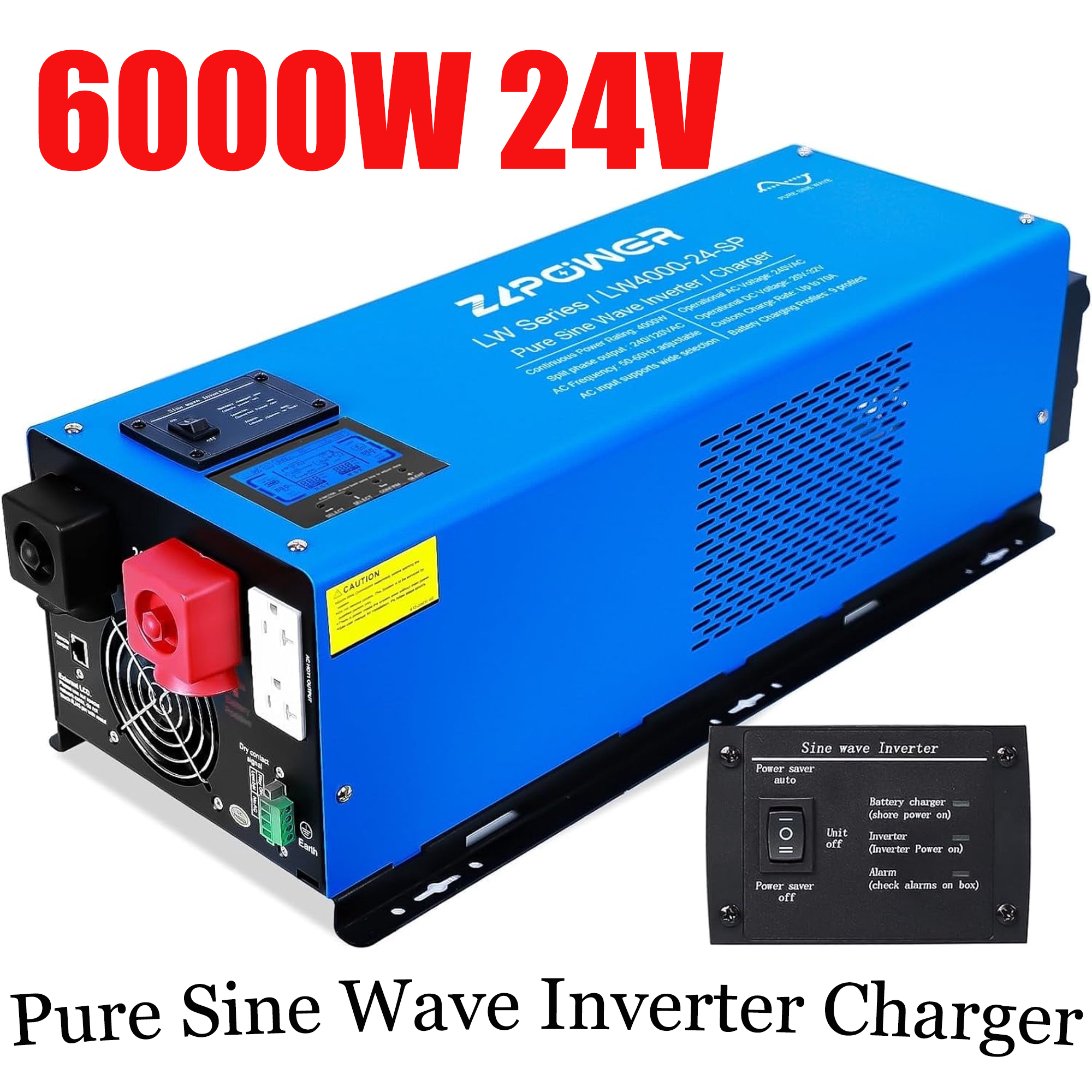 ZLPOWER 6000W 24V Pure Sine Wave Inverter Charger - 18000W Peak, Split Phase 120V/240V AC Output, with LCD Display & 70A Charger - ETL Listed to UL 1741 for Home RV Boat Off-Grid Solar