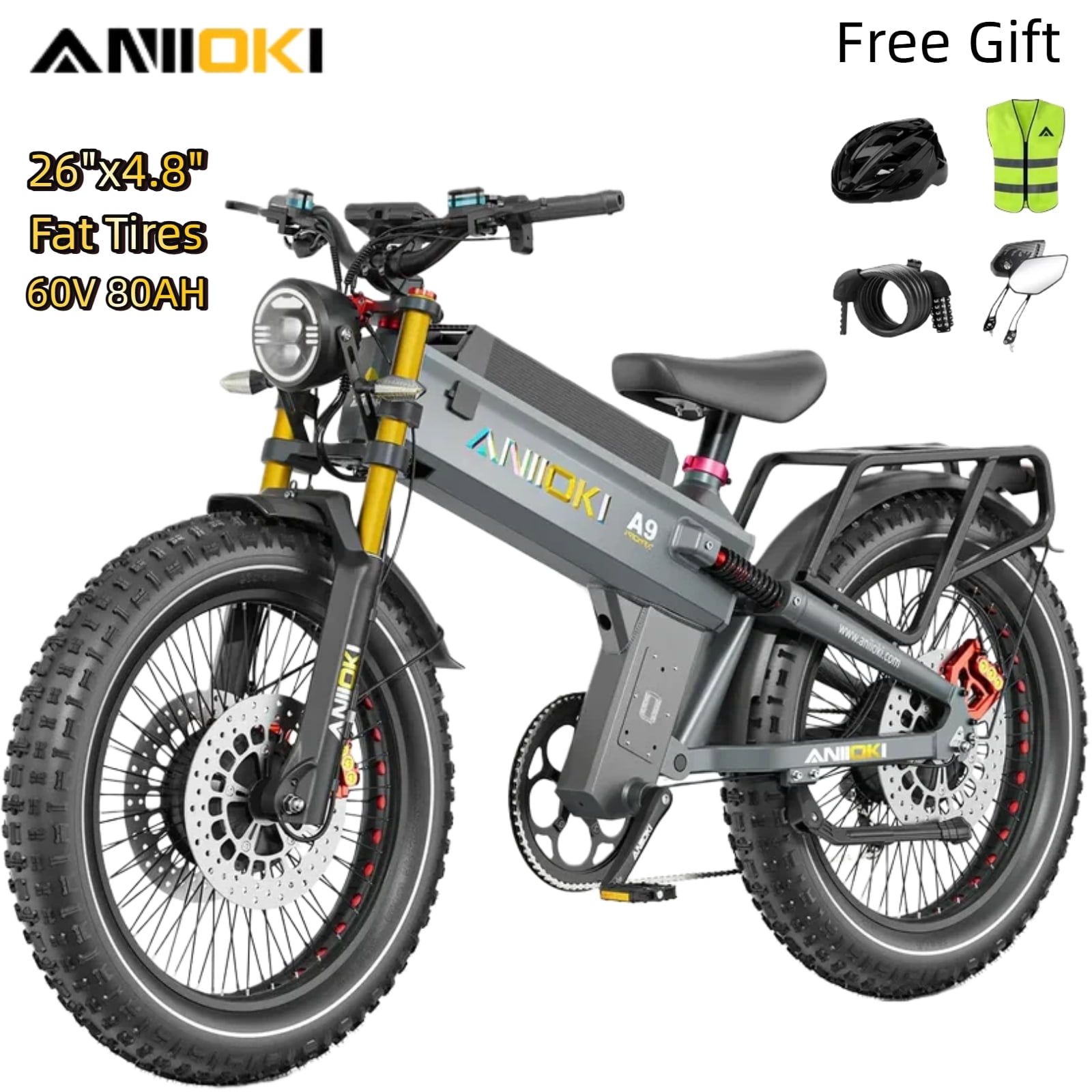 6000W ANIIOKI A9 Pro Max Electric Off-Road Bike for Adults,Dual Motors,60V 80Ah Battery,45 MPH,26"x4.8" Fat Tires,Full Suspension E-Bike