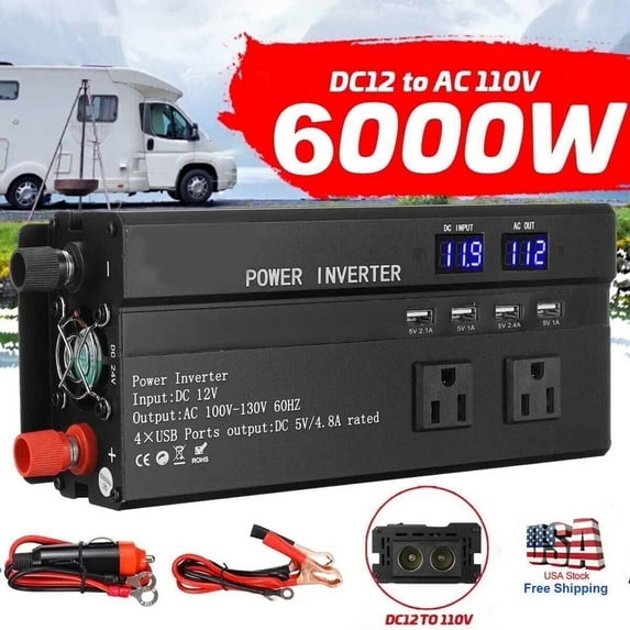 6000W Car Power Inverter DC 12V To 110V AC with Dual Outlets and USB Charger, High-Capacity Power Converter for Vehicles Trucks Camping and Outdoor Use, Solar Converter LCD Display
