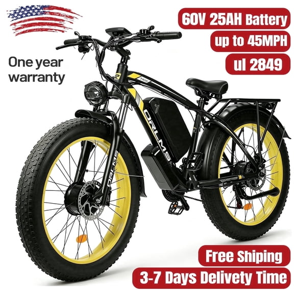 6000W Electric Bike for Adults, 26x4in Fat Tire All Terrain E-Mountain Ebike, 60V 25Ah Full Suspension E Bike, AWD 21-Speed Snow Ebike, 45MPH & 100 Miles Range for All Terrain Snow Sand UL2849