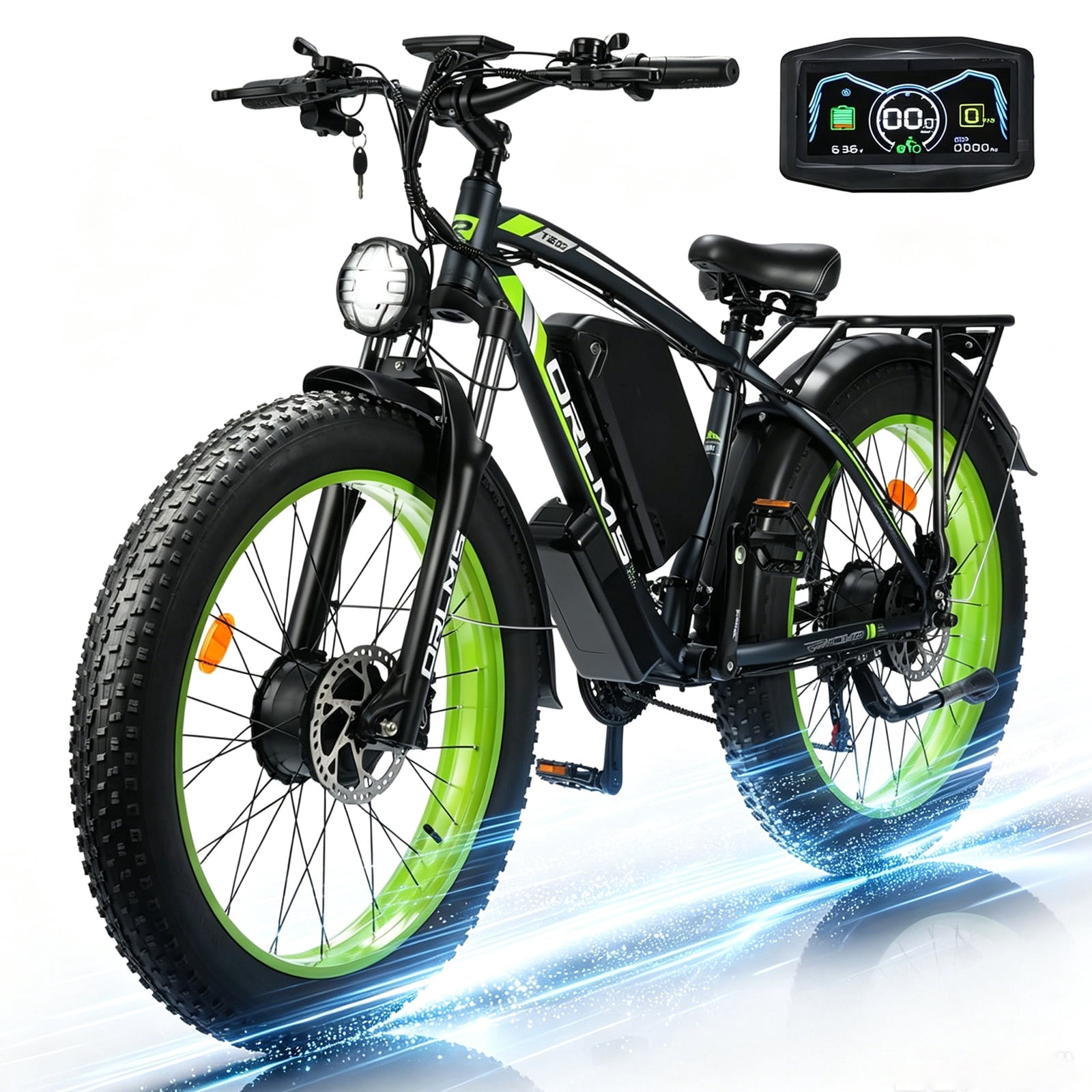6000W (Peak) Dual Motor Bike for Adults, 60V 25AH Battery, 45MPH & 100 Miles Range,21-Speed Full Suspension, 26" x 4.0" Fat Tire Off-Road Bike for All Terrain Snow Sand