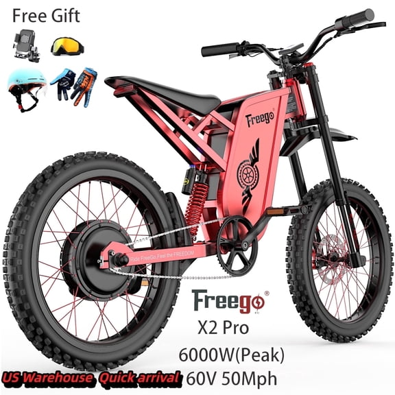 Freego X2 Pro 6000W(Peak)Electric Dirt Bike for Adult, Electric Motorcycle 60V30AH Battery,7 Speed,Max Speed 50MPH, Off Road Electric Bicycle,19x2''Full Suspension/Hydraulic Brake Half Throttle