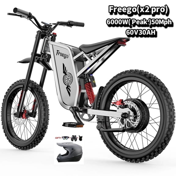 6000W(Peak) Motor Freego X2 Pro Electric Motorcycle Electric Dirt Bike for Adults, 60V30AH Battery,50MPH Electric Bicycle,19x2 Tire Full Suspension Hydraulic Brake Half Throttle UL2849