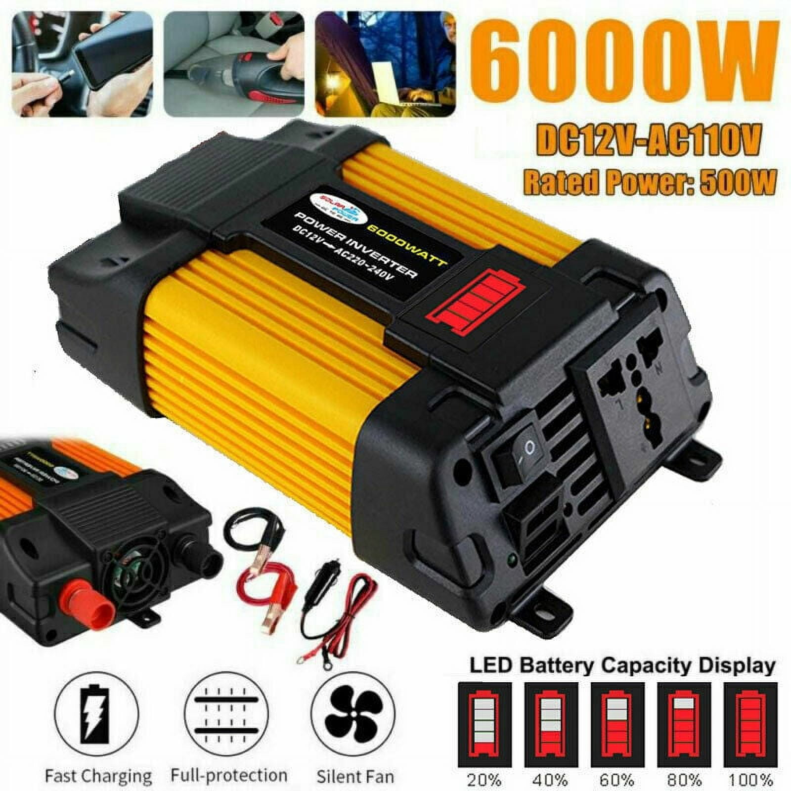6000W Power Inverter DC12V to AC110V Converter Generator, Sine Wave Convert with 2 USB Ports 1 Sockets for Laptop/IPad/Mobile Phones/Camera