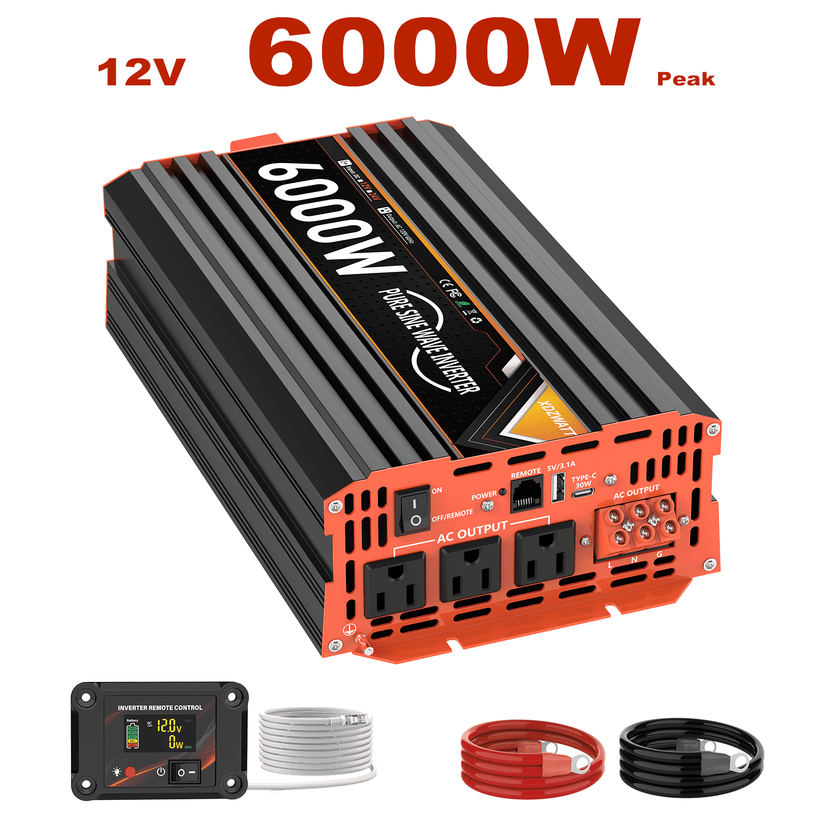 6000W Pure Sine Wave Inverter, 12V DC to 110V AC Car Power Converter, 3 AC Outlets + 2 USB Charging Ports, LCD Display, with Remote Control, Suitable for Vehicles, RVs, Camping and Home Backup Power