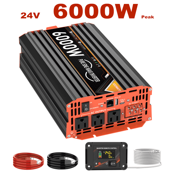 6000W Pure Sine Wave Inverter 12V DC to 110V AC | 3 Outlets 2 USB with LCD Display & Remote Control for RV, Camping, Home Backup