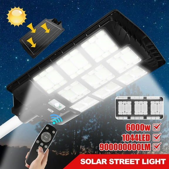 6000W Solar Street Light Outdoor Waterproof with 1044 LEDs, 3 Modes & Remote 250 Coverage, 20H Runtime, IP67, Radar Sensor for Garden/Road/Yard