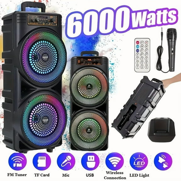 6000W 8.5-inch TWS Dual Wireless Speaker with Powerful Stereo Bass | Portable Subwoofer Sound System for Parties | Includes Microphone & Dynamic RGB Lighting Effects