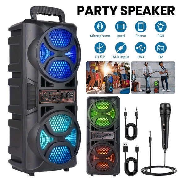6000W Wireless Speaker, Dual 8. 5/6.5" Portable Speaker, Loud with BASS, with RGB Party Lights Wireless Microphone with Volume Control, USB Rechargeable Outdoor Subwoofei