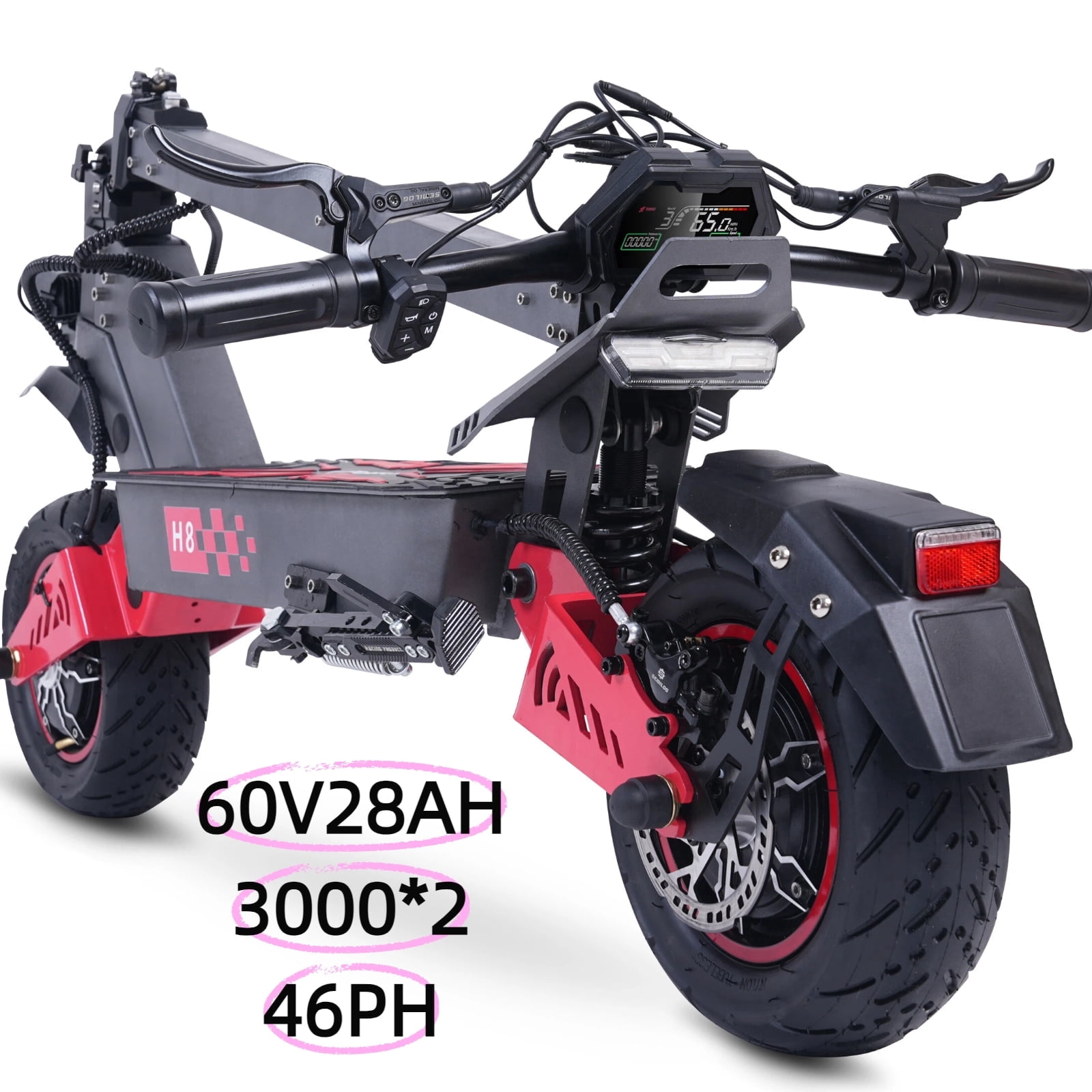 6000W electric scooter, 11-inch all-terrain tyres, 60V 28Ah battery, dual-drive system, top speed of up to 47 mph, range of up to 50 miles, dual hydraulic brakes