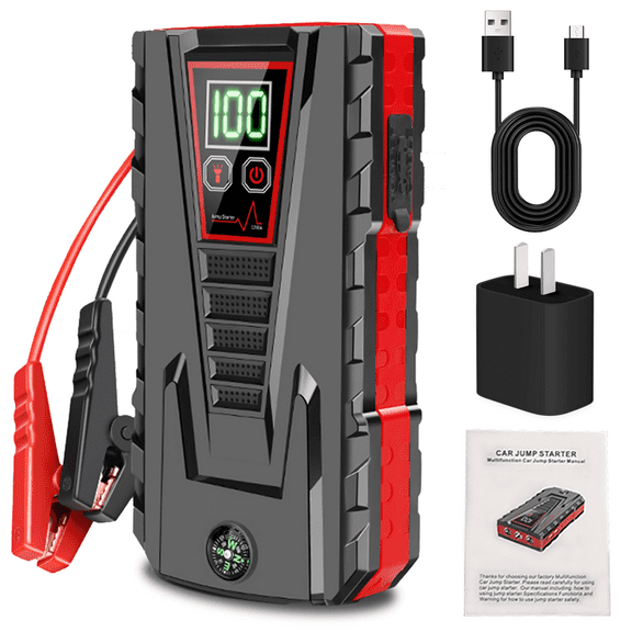 6000mAh Car Jump Starter, 1200A Peak 12V Portable Power Pack for Gas Engines Up To 4.0L, with Smart Booster Cables, Dual USB Ports, LED Light for Cars, SUVs, Trucks
