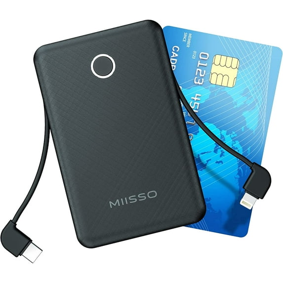 6000mah Ultra Slim Built in Cables Power Bank, Card Size Built in USB C Cords Battery Pack Portable Charger for phones, 3 Output External Battery Pack Compatible with iPhone, Samsung and Heated Vest Black Power Bank