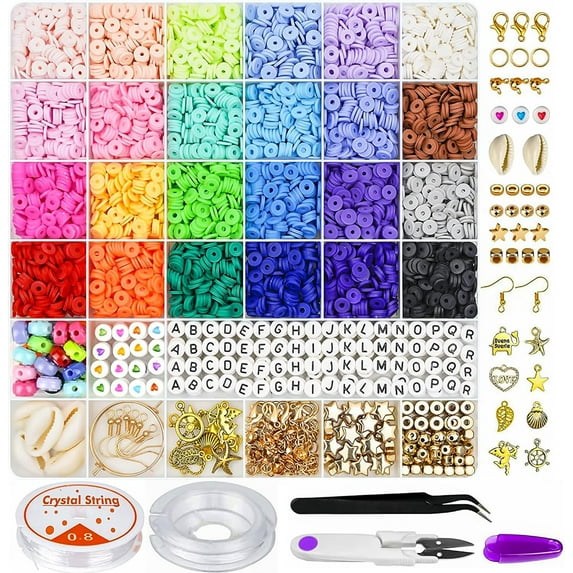6000pcs Clay Beads for Bracelets Making Kit, 24 Colors Polymer Heishi Flat Clay Beads Charms for Jewelry Earring Making Kit Face Letter Beads with Necklace Strings Stuff Gift for Girls