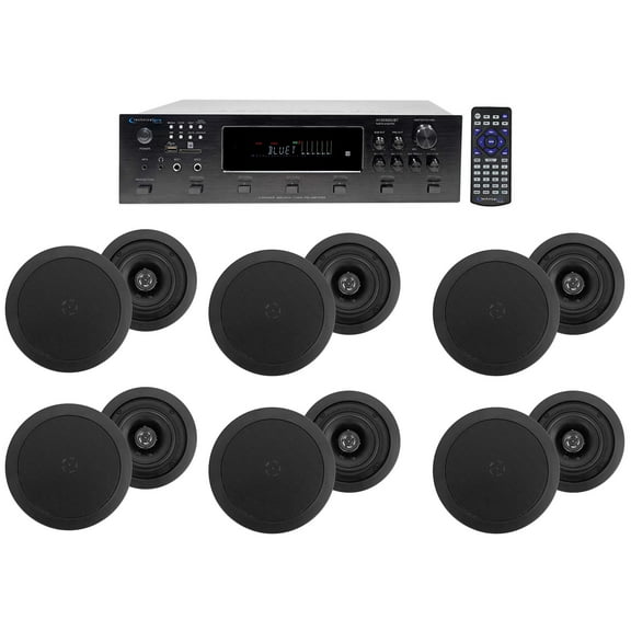 6000w (6) Zone, Home Theater Bluetooth Receiver+12) 5.25" Black Ceiling Speakers
