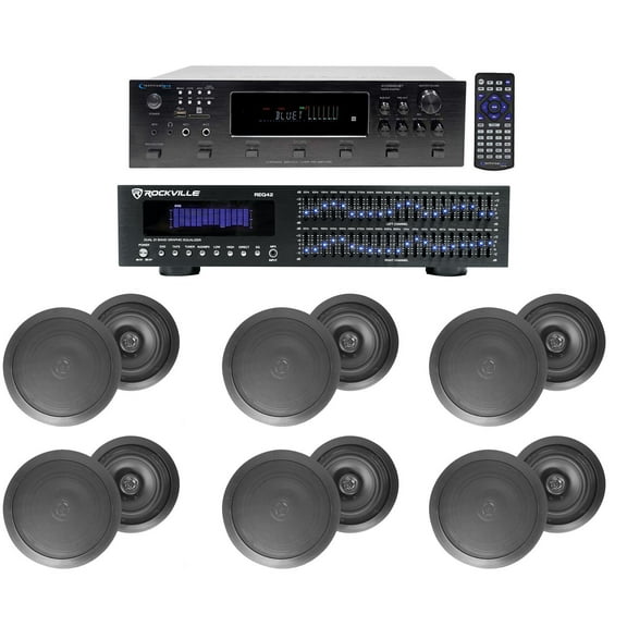 6000w 6-Zone, Home Theater Bluetooth Receiver+12) Black 6.5" Ceiling Speakers+EQ