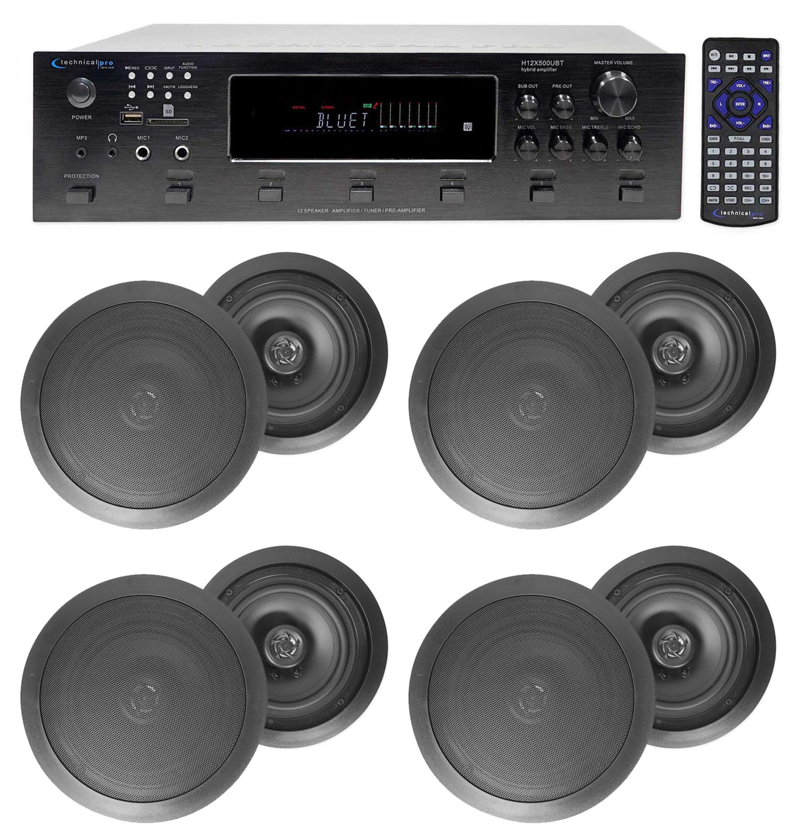 6000w (6) Zone, Home Theater Bluetooth Receiver+(8) Black 8" Ceiling Speakers