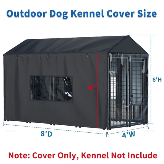 600D Heavy Duty Outdoor Large Dog Kennel Cover for 8'Dx4'Wx6'H, Waterproof Resistant Full Coverage Black, Featuring a Transparent Window (Cover Only)