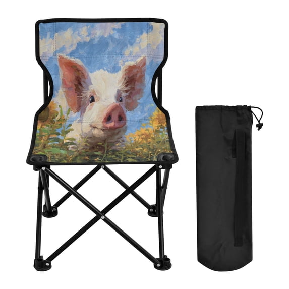 600D Oxford Camping Chair Portable Foldable Chair Supports 220 lbs for Picnic, Fishing, Backpacking Cute Pig with Sunflower Field