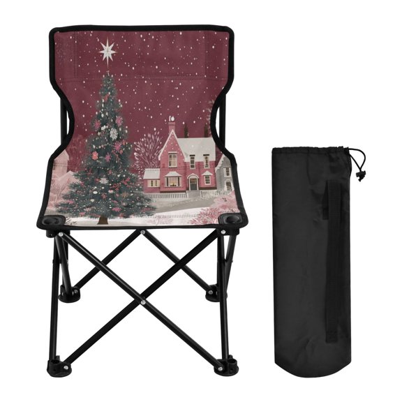 600D Oxford Camping Chair Portable Foldable Chair Supports 220 lbs for Picnic, Fishing, Backpacking Pink Christmas Trees and Houses