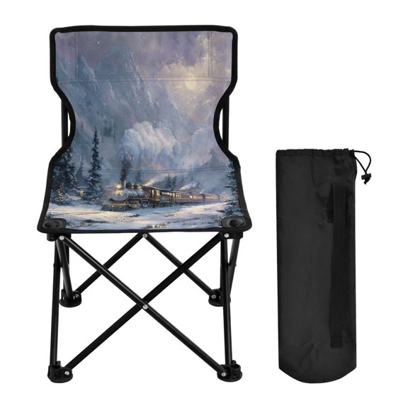 600D Oxford Camping Chair Portable Foldable Chair Supports 220 lbs for Picnic, Fishing, Backpacking Vintage-style Christmas Train
