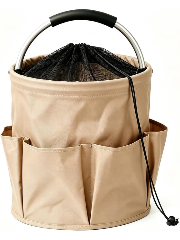 600D Oxford Collapsible Organizer with Handle & Multi Pockets, Multi-Purpose Tote for Camping, Picnic, Travel, Kitchen, Bedroom, Garden Tools (Khaki with Drawstring)