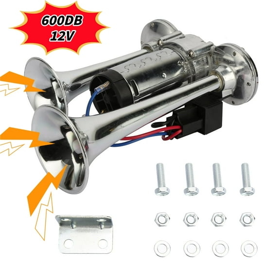 600DB Train Air Horn Kit, Dual Trumpet Loud Horns Kit for Trucks, Cars, Van Boats, Most 12V Vehicles, Silver