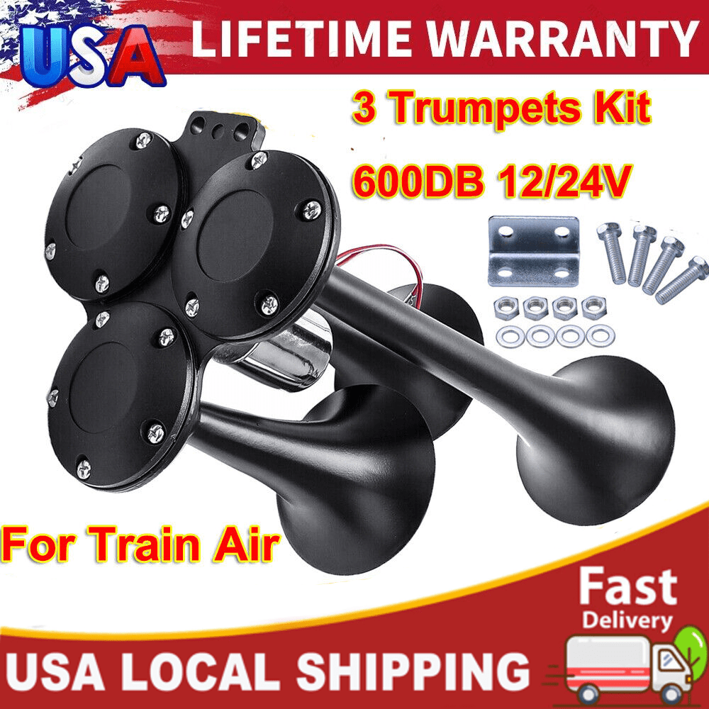 600DB Train Horn Super Loud 3 Trumpet Air Horn Kit For Semi Truck Boat