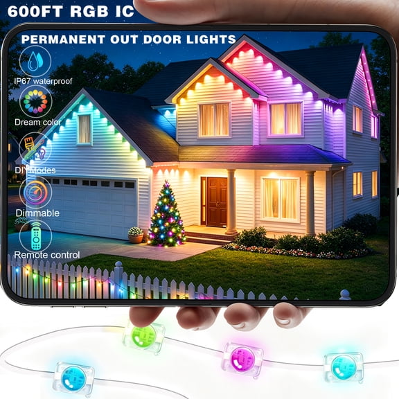 600FT RGB+IC Permanent Outdoor Eave Lights, Smart Color Changing Square LED House Lights, IP67 Waterproof Permanent Roof Edge String Lights with APP Control, Music Sync & Timer, DIY Chasing Lighting
