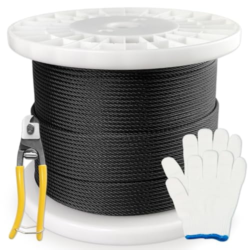 600Ft 1/8 Stainless Steel Cable,T316 Black Cable Railing Kit,7 x 7 Strand Construction Steel Cable with Cutout Gloves,Cable Railing Kit for Indoor and Outdoor Patios,Stairs,Fences,Decks