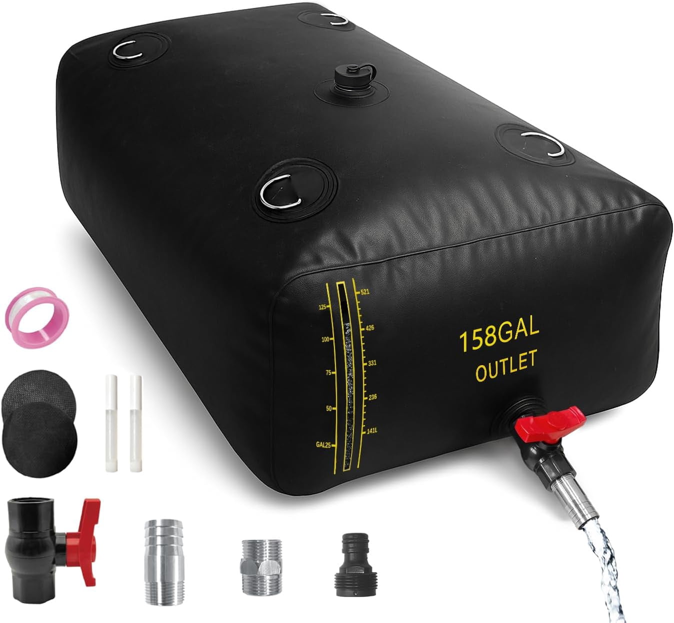 600L/158 Gal Water Bladder with Water Level Indicator, PVC Foldable and Portable Water Tank with 3 Connectors and Overflow Kit, Ideal for RV, Camping, Rainwater Collecting,Planting Watering