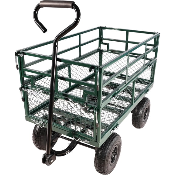 600LBS Heavy Duty Steel Dump Cart Trailer, Wagon Cart Garden Cart Trucks with Inflatable 10" Tires (Green-A)