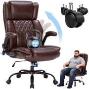 600 lb Heavy Duty Big and Tall Office Chair, Executive Desk Chair with Thick Cushioned Seat, Adjustable Lumbar Support, Breathable Leather, Flip-Up Arms, Brown