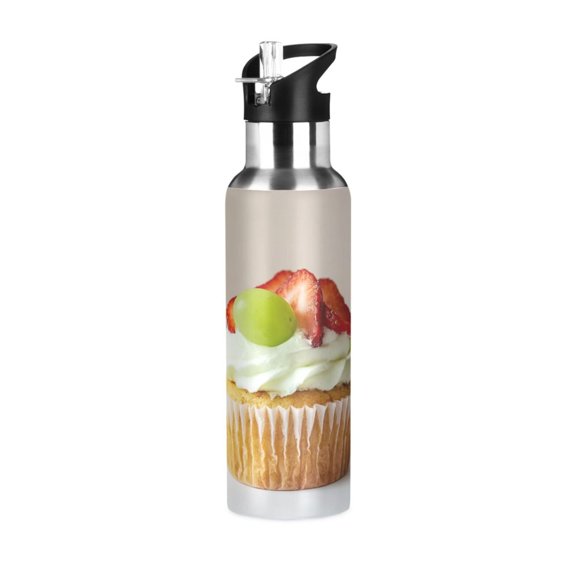 600ML Insulated Stainless Steel Sports Water Bottle Screw Cap Design Leak-Proof Design,Minimalist Design Suitable for Travel and Sports Insulated Stainless Steel Material Strawberry Cake