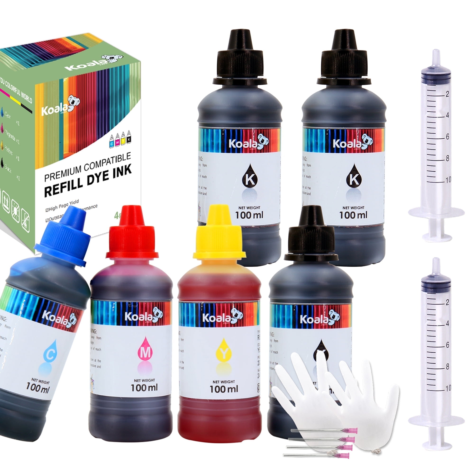 600ML Koala Inkjet Printer Ink Refill Bottles, Compatible with Epson HP Canon Brother Kodark Printer Cartridges, Universal Ink Refill Kit, Cyan/Magenta/Yellow/Black