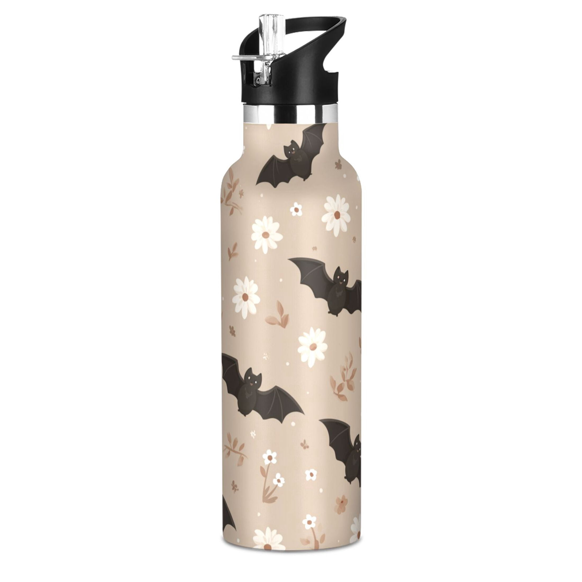 600ML Stainless Steel Insulated Cup Sports Water Bottle Portable Thermos Cup Water Glasses Insulated Tumblers Convenient and Durable Bats and White Flowers