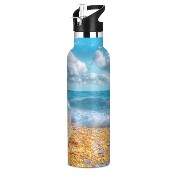 600ML Stainless Steel Insulated Cup Sports Water Bottle Portable Thermos Cup Water Glasses Insulated Tumblers Convenient and Durable Beach Golden Coin Scenery