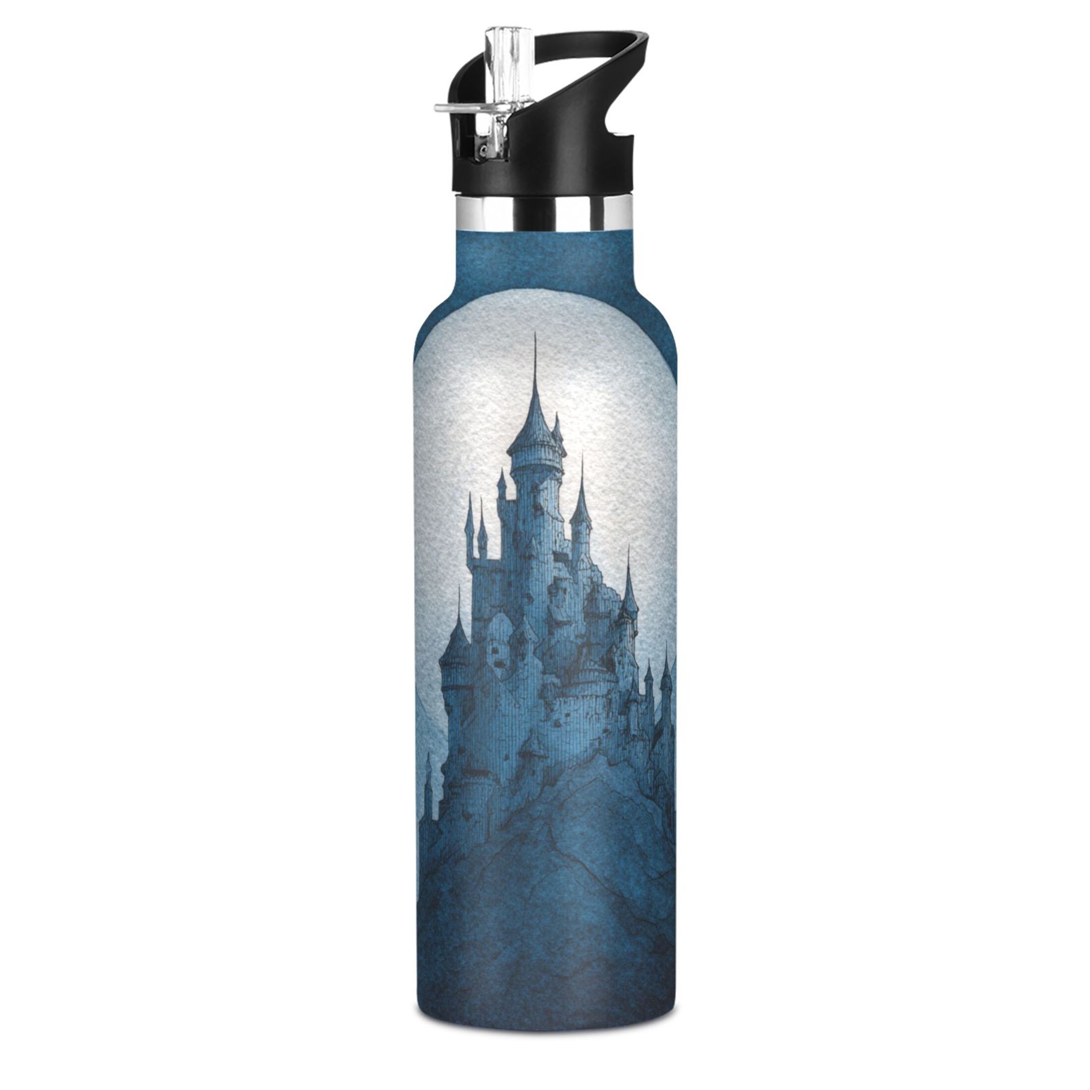 600ML Stainless Steel Insulated Cup Sports Water Bottle Portable Thermos Cup Water Glasses Insulated Tumblers Convenient and Durable Beautiful Blue Castle