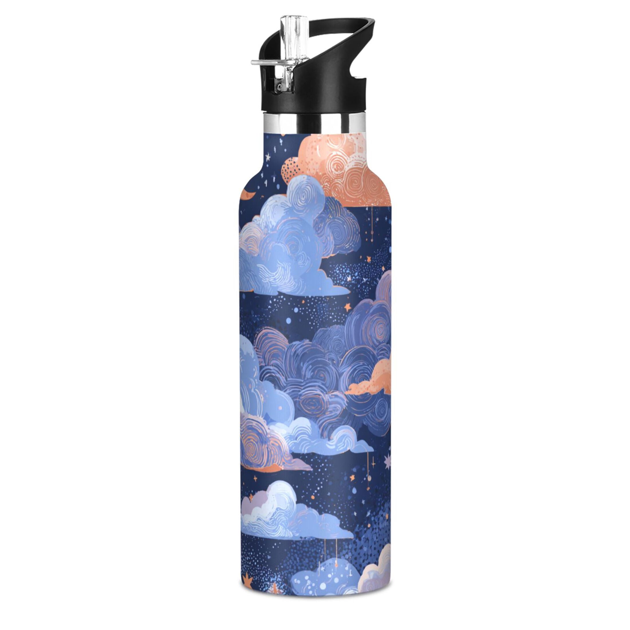 600ML Stainless Steel Insulated Cup Sports Water Bottle Portable Thermos Cup Water Glasses Insulated Tumblers Convenient and Durable Beautiful Blue Clouds