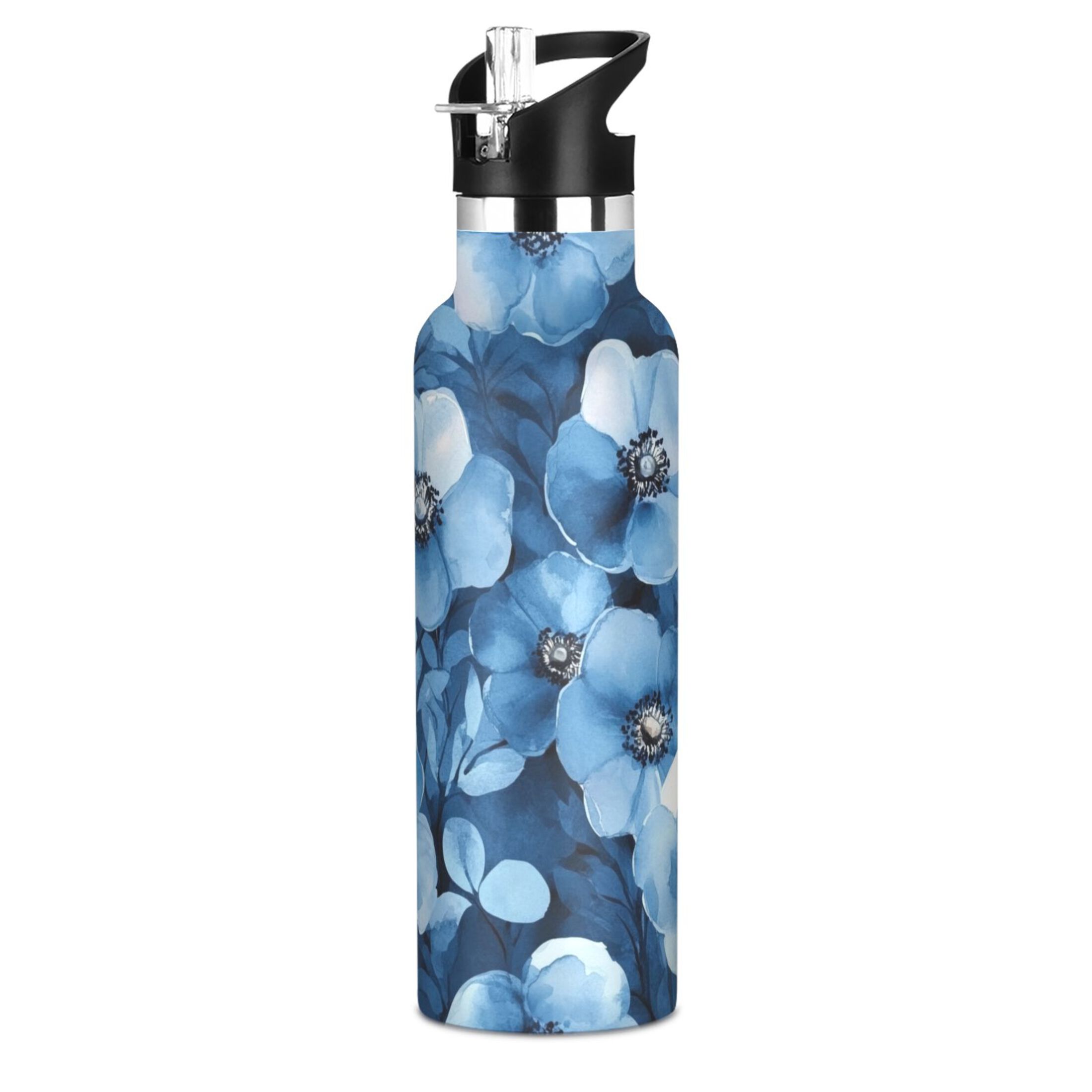 600ML Stainless Steel Insulated Cup Sports Water Bottle Portable Thermos Cup Water Glasses Insulated Tumblers Convenient and Durable Beautiful Blue Flowers