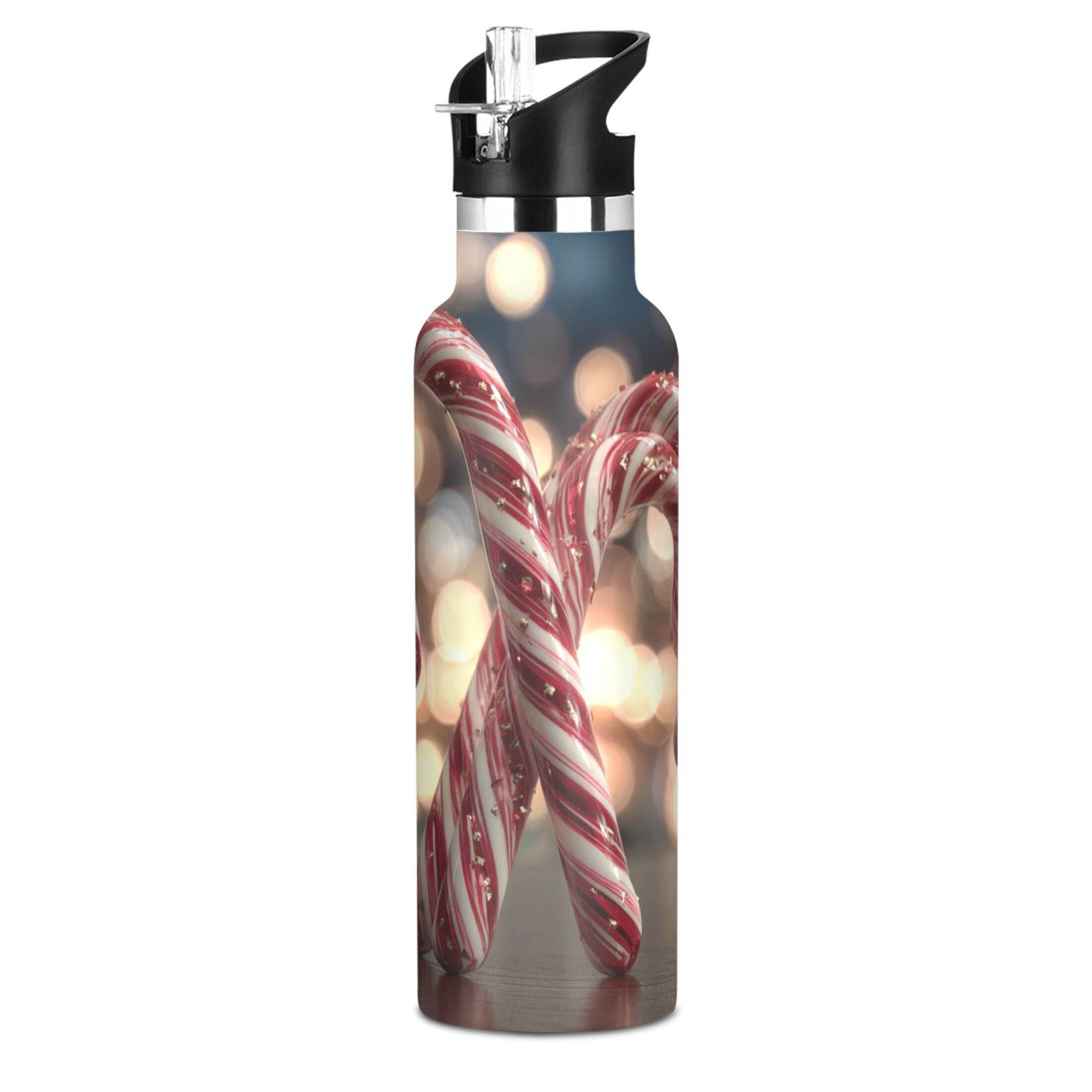 600ML Stainless Steel Insulated Cup Sports Water Bottle Portable Thermos Cup Water Glasses Insulated Tumblers Convenient and Durable Beautiful Christmas Candy Canes