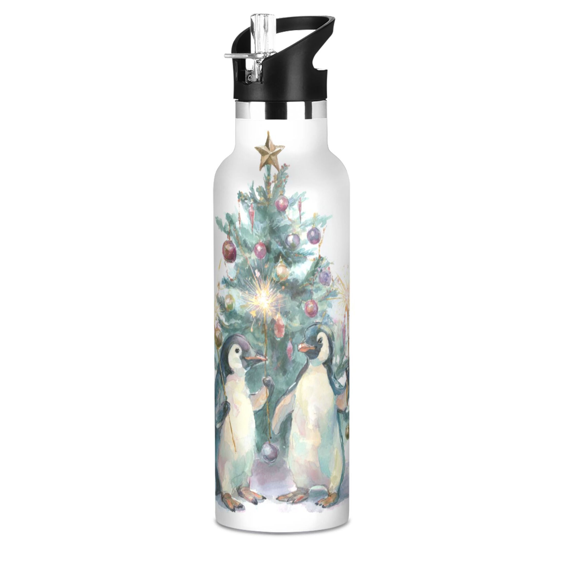600ML Stainless Steel Insulated Cup Sports Water Bottle Portable Thermos Cup Water Glasses Insulated Tumblers Convenient and Durable Beautiful Christmas Penguins