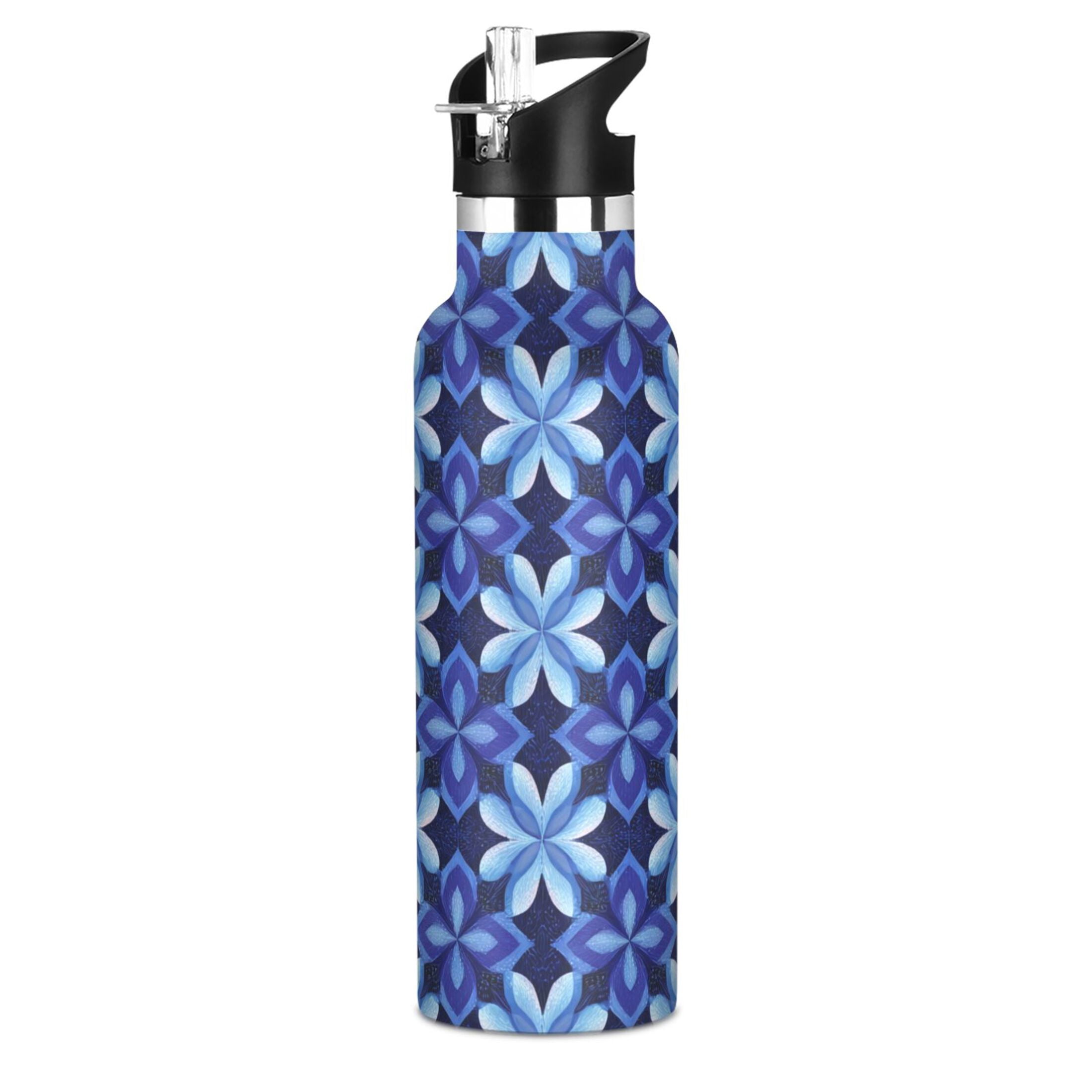 600ML Stainless Steel Insulated Cup Sports Water Bottle Portable Thermos Cup Water Glasses Insulated Tumblers Convenient and Durable Beautiful Dark Blue Pattern