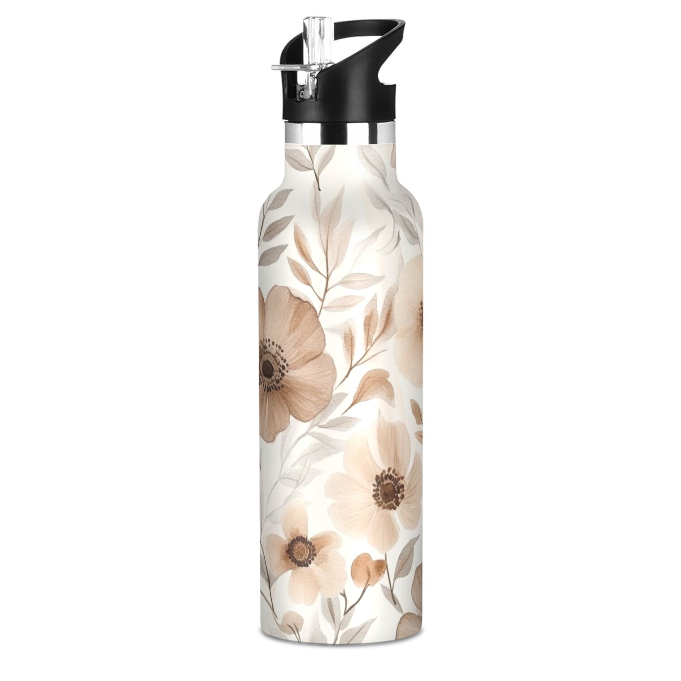 600ML Stainless Steel Insulated Cup Sports Water Bottle Portable Thermos Cup Water Glasses Insulated Tumblers Convenient and Durable Beautiful Gray Flowers