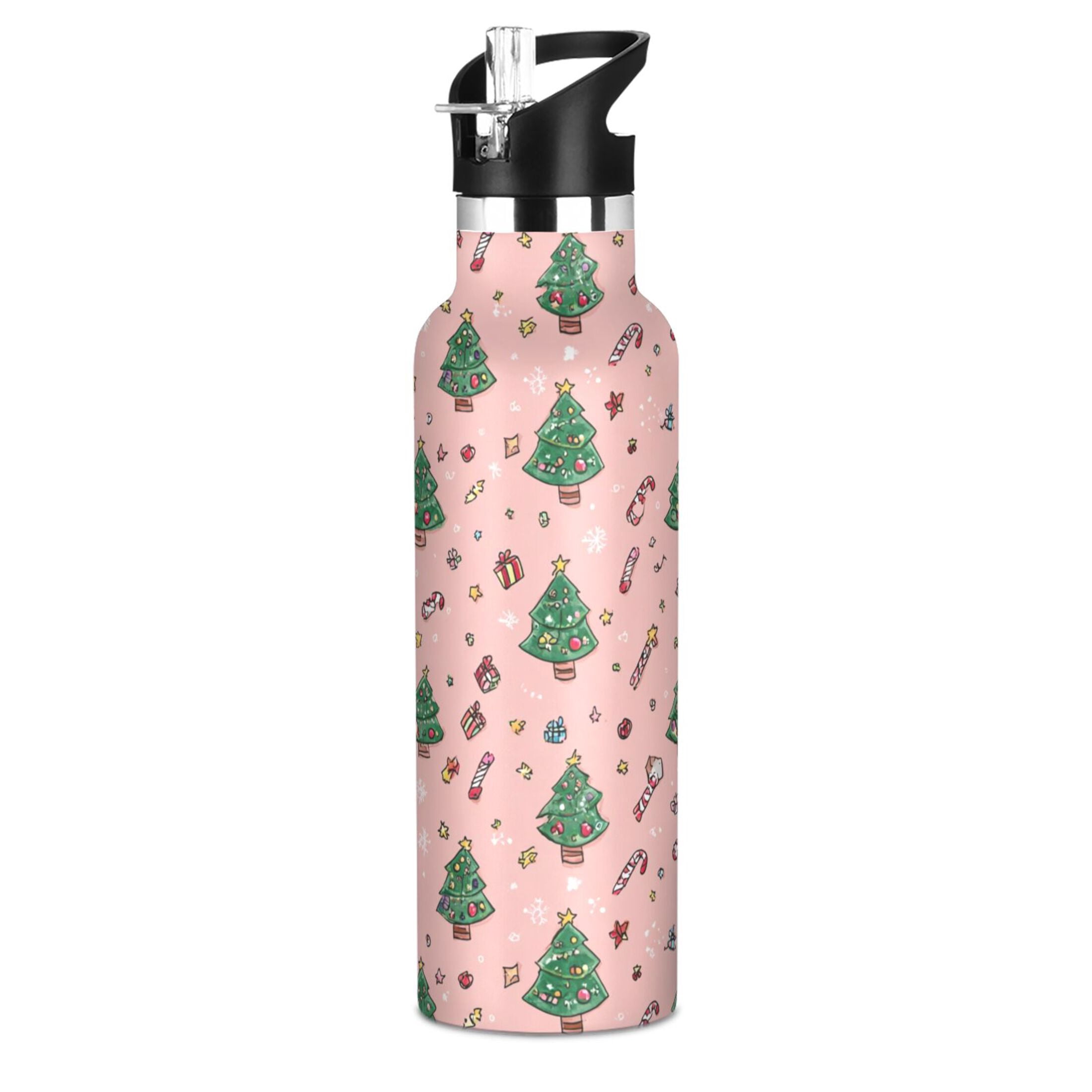 600ML Stainless Steel Insulated Cup Sports Water Bottle Portable Thermos Cup Water Glasses Insulated Tumblers Convenient and Durable Beautiful Green Christmas Tree