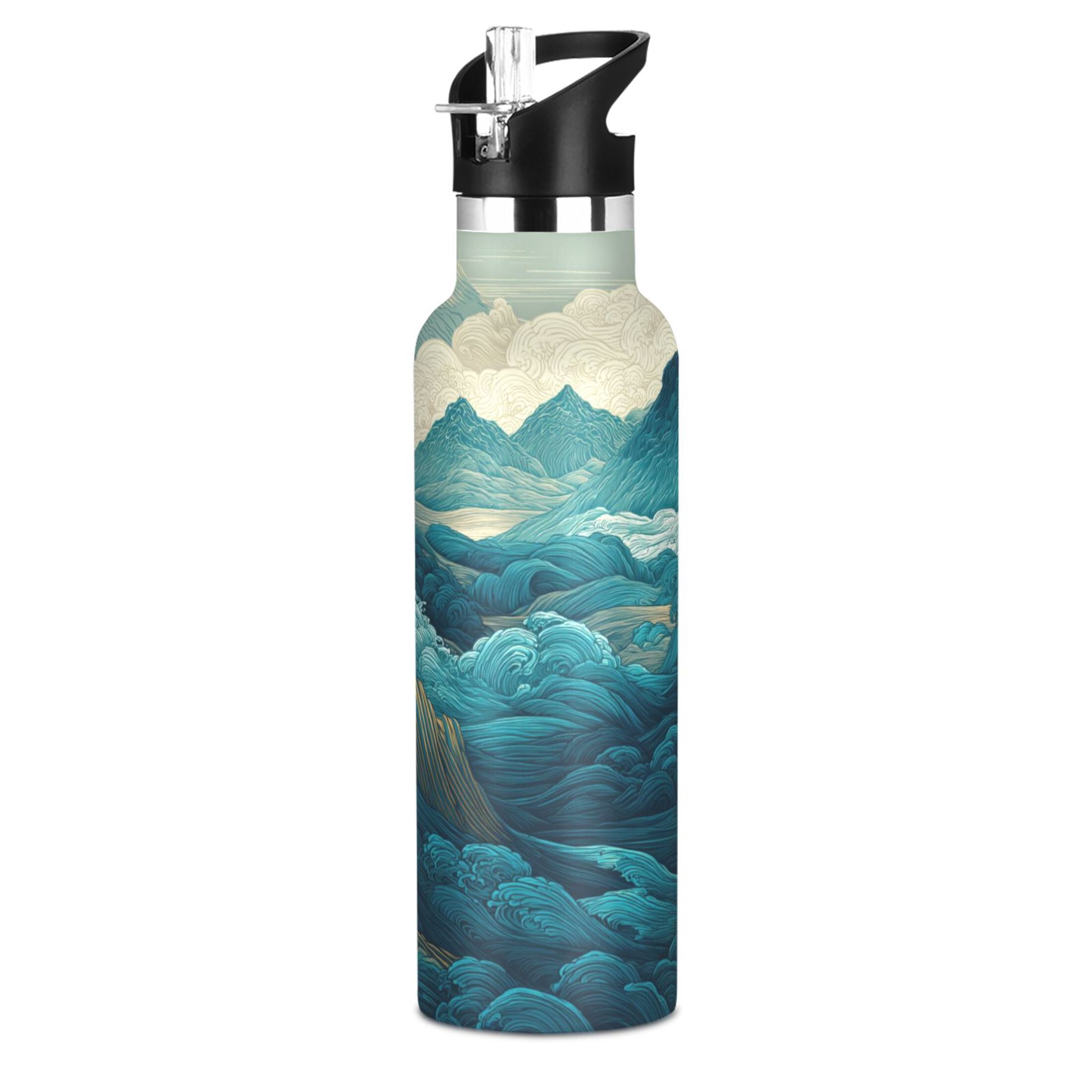 600ML Stainless Steel Insulated Cup Sports Water Bottle Portable Thermos Cup Water Glasses Insulated Tumblers Convenient and Durable Beautiful Green Mountains