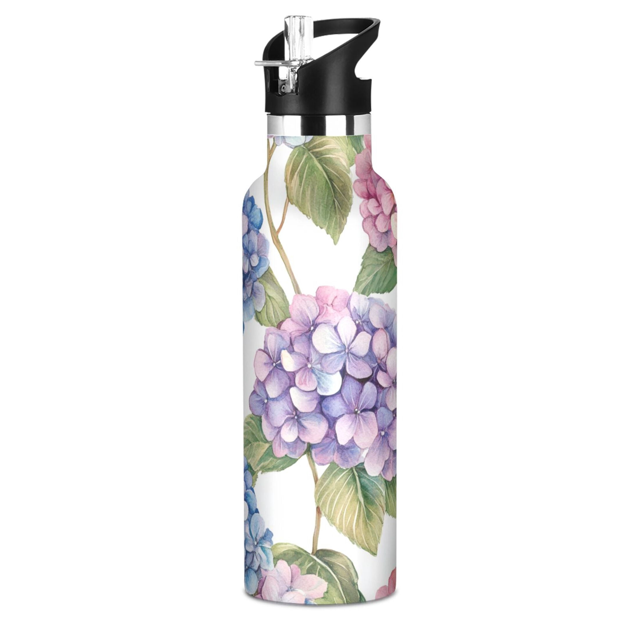 600ML Stainless Steel Insulated Cup Sports Water Bottle Portable Thermos Cup Water Glasses Insulated Tumblers Convenient and Durable Beautiful Hydrangeas