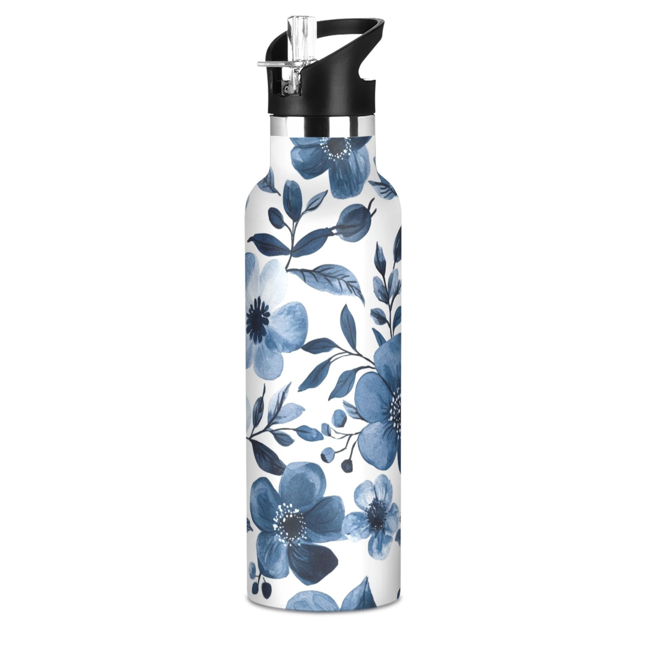 600ML Stainless Steel Insulated Cup Sports Water Bottle Portable Thermos Cup Water Glasses Insulated Tumblers Convenient and Durable Beautiful Navy Flowers