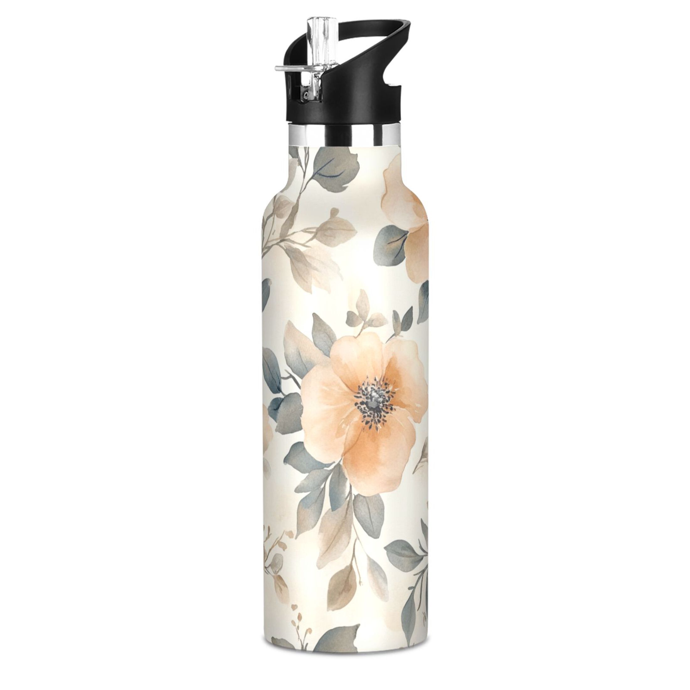 600ML Stainless Steel Insulated Cup Sports Water Bottle Portable Thermos Cup Water Glasses Insulated Tumblers Convenient and Durable Beautiful Orange Flowers