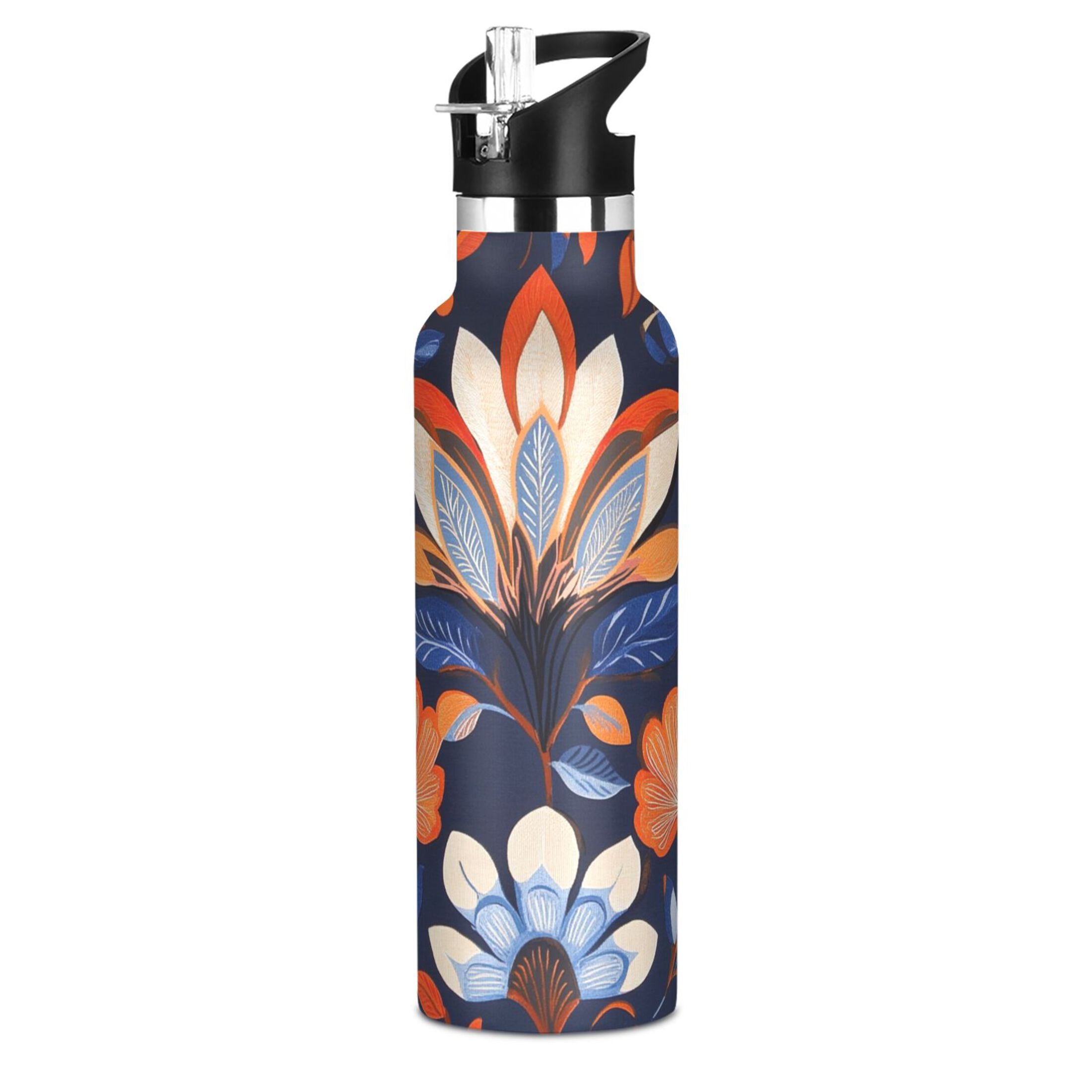 600ML Stainless Steel Insulated Cup Sports Water Bottle Portable Thermos Cup Water Glasses Insulated Tumblers Convenient and Durable Beautiful Orange Flowers