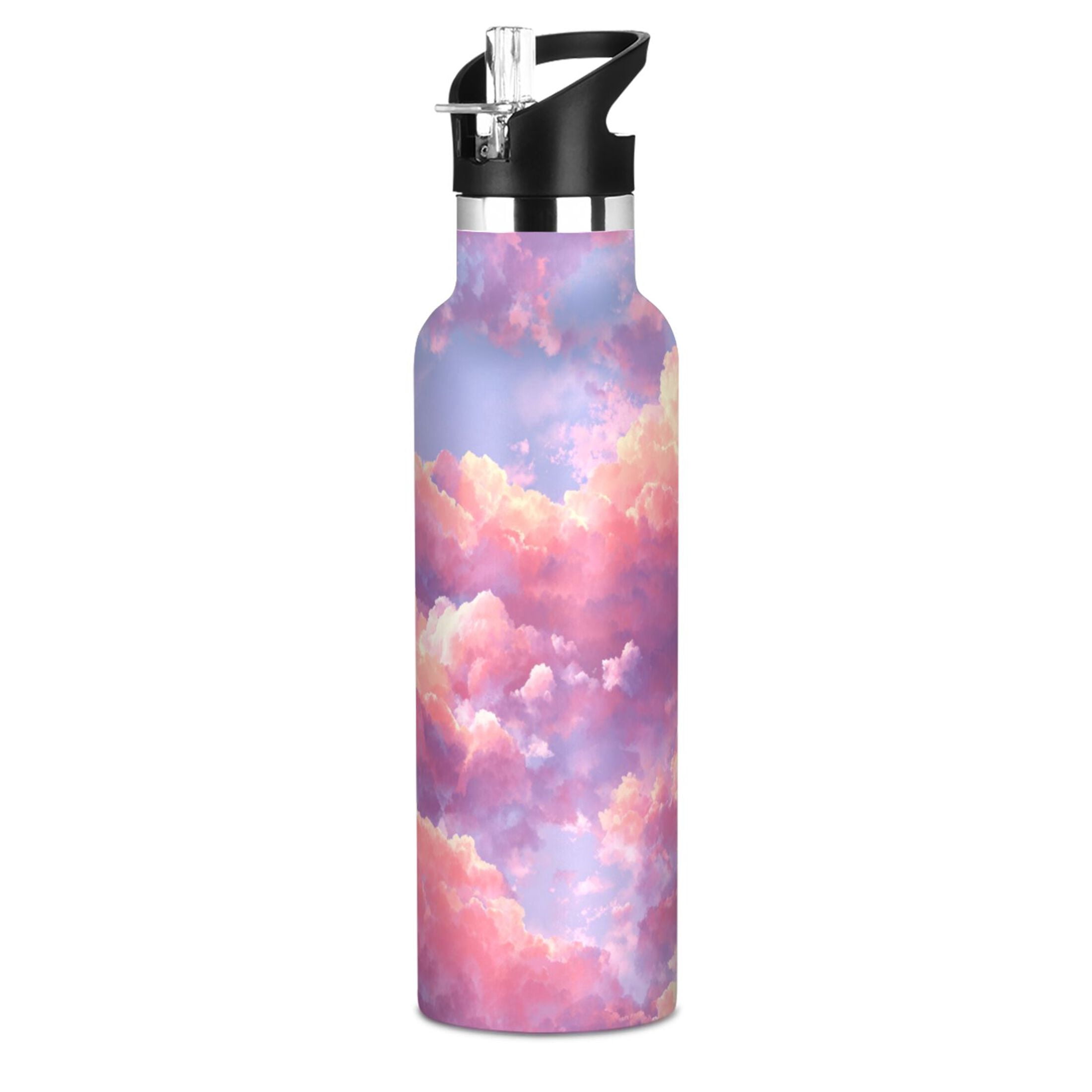 600ML Stainless Steel Insulated Cup Sports Water Bottle Portable Thermos Cup Water Glasses Insulated Tumblers Convenient and Durable Beautiful Pink Clouds